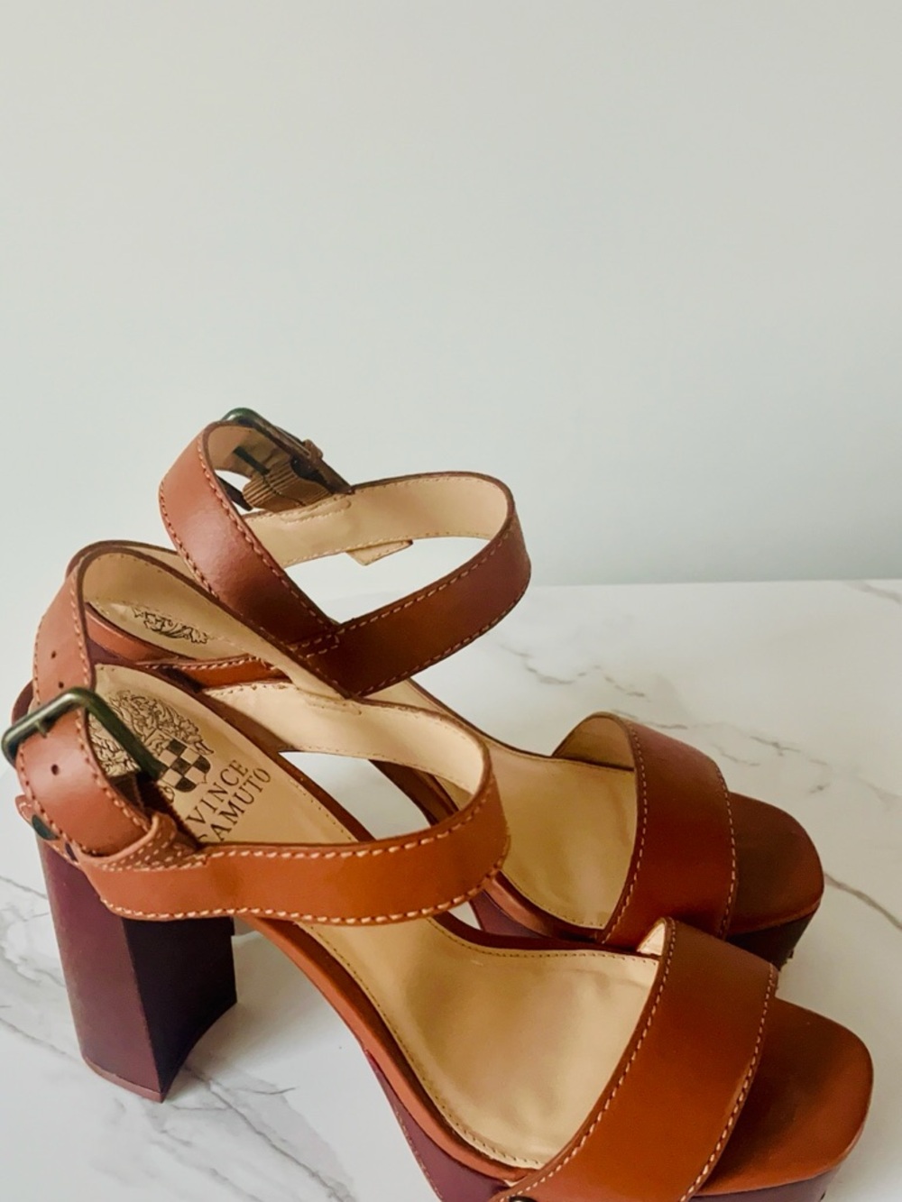 Vince Camuto Cognac Brown Leather Platform Block-Heel Sandals